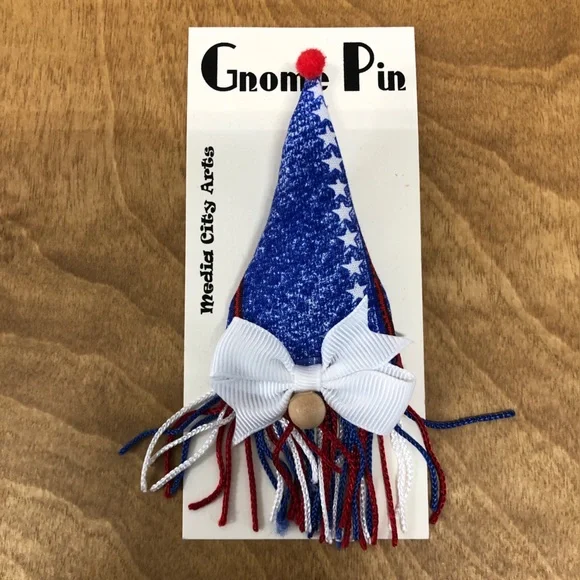 Gnome Pin Brooch Red White Blue Fringe Beard Handmade Bow Gift Guide July 4th - Picture 2 of 4